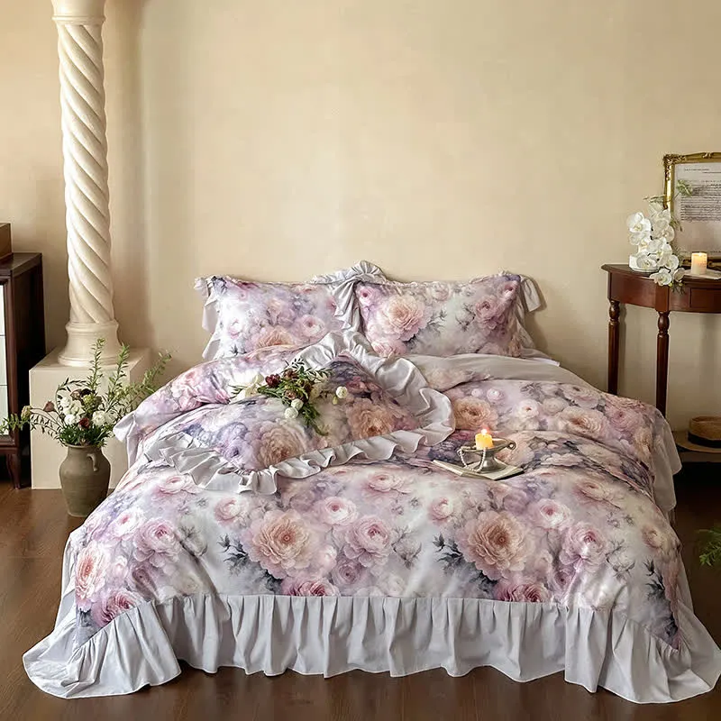 Set di biancheria da letto in cotone con motivo a rose di campagna romantiche (4 pezzi)