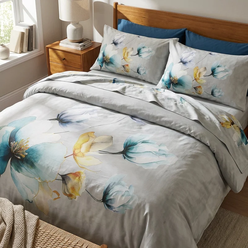 Completo Lenzuola Bloom in Raso di Puro Cotone 300 TC con Balza a Giorno Saffo