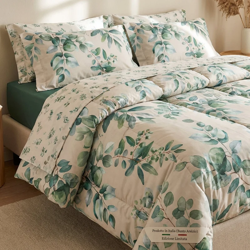 Completo Copripiumino Matrimoniale Double Face Tessitura Randi – Percalle di Cotone 200 TC Laurel Agave