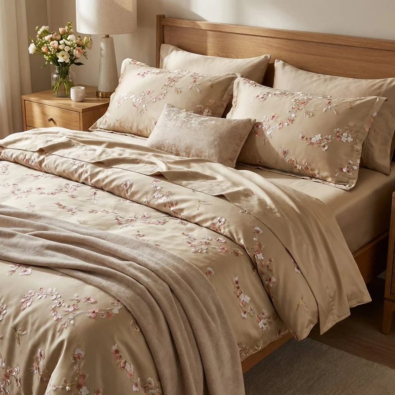 Completo Letto Matrimoniale Bloom – Raso di Puro Cotone 300 TC Bloom Almond beige