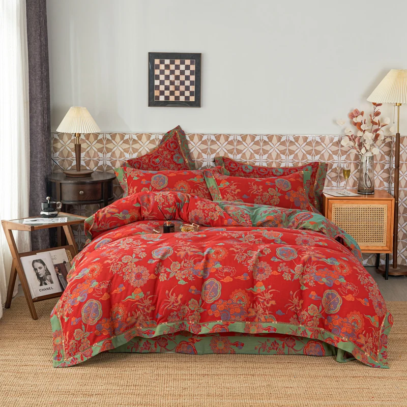 Set di biancheria da letto floreale di lusso in garza di cotone (4 pezzi)