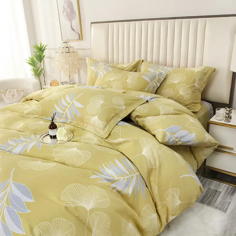 Set di biancheria da letto in cotone morbido con foglie di ginkgo pastorale (4 pezzi)