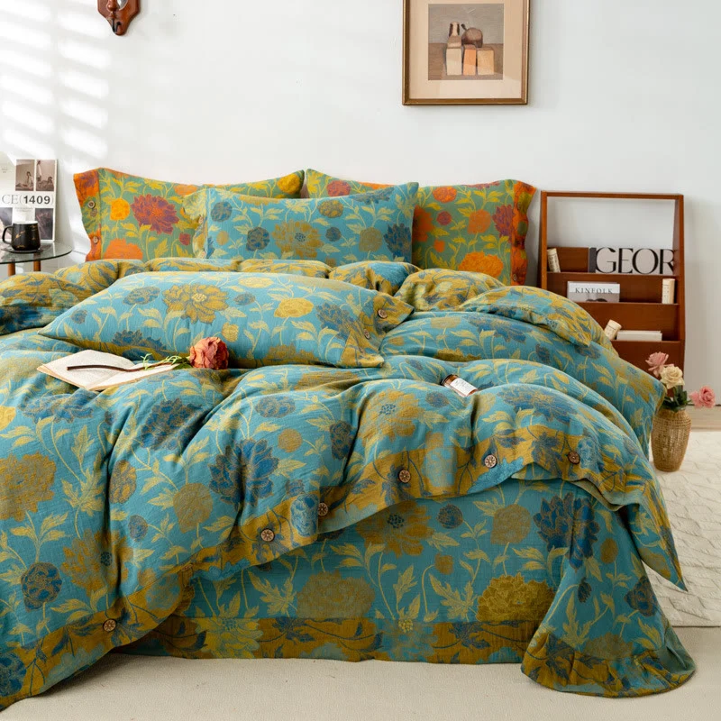 Set di biancheria da letto in cotone con fiori e foglie retrò (4 pezzi)