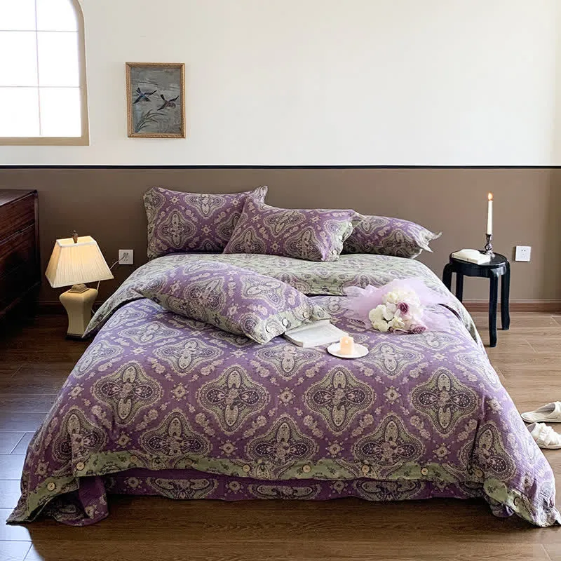 Set di biancheria da letto in cotone retrò a doppio strato (4 pezzi)