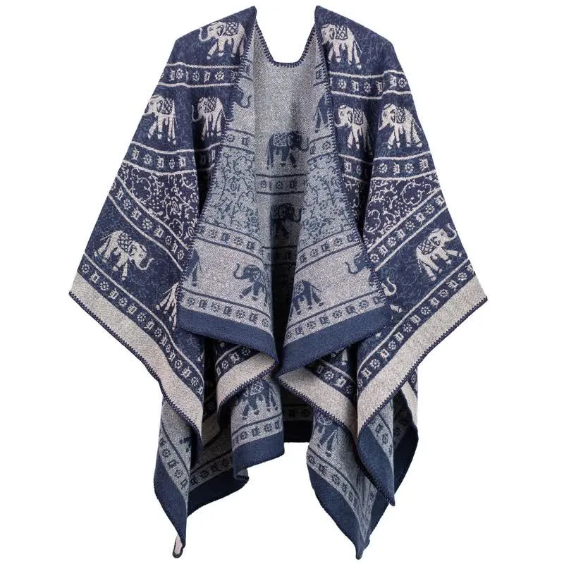 Scialle in acrilico lavorato a maglia con elefante in jacquard