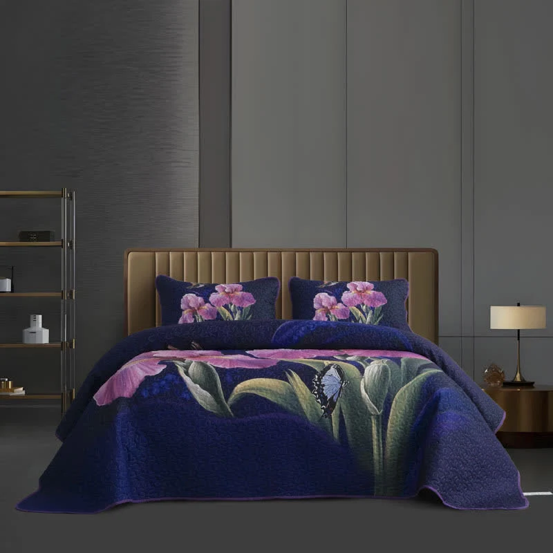 Set di biancheria da letto trapuntata con motivo floreale e uccellino (3 pezzi)