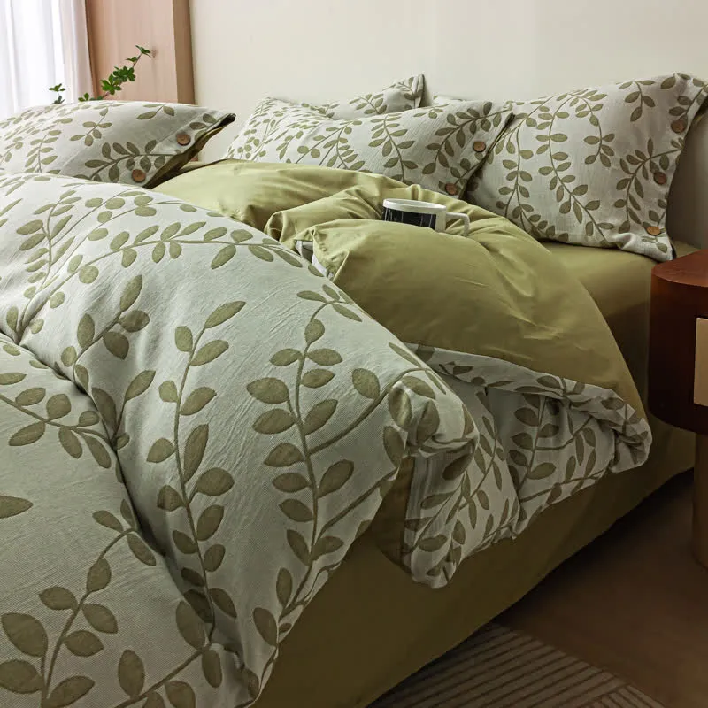 Set di federe in cotone con bottoni e foglie verdi (4 pezzi)