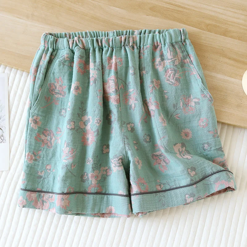 Pantaloncini da pigiama estivi in garza di cotone con stampa floreale jacquard