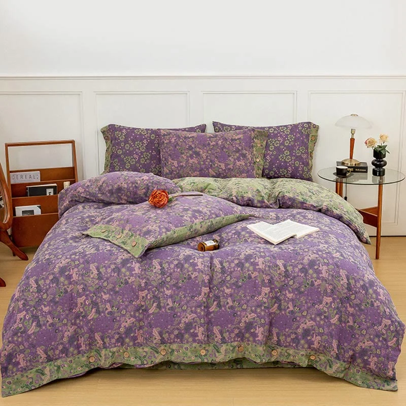 Set di biancheria da letto in cotone viola con motivo floreale Boho (4 pezzi)