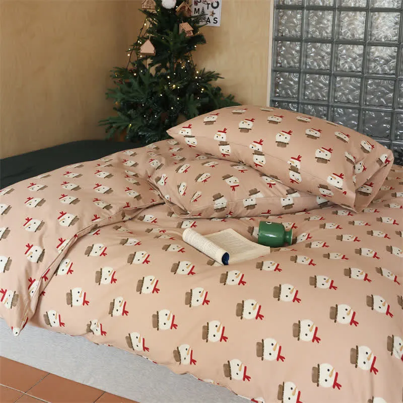 Set di biancheria da letto in cotone con pupazzo di neve natalizio (4 pezzi)