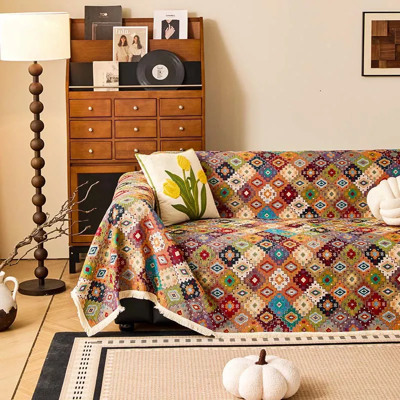 Copridivano vintage in cotone e lino con motivo jacquard a quadri