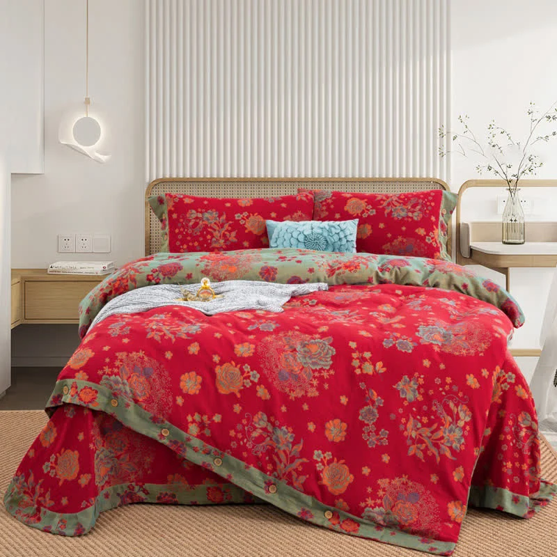 Set di biancheria da letto in garza di cotone Jacquard Rustic Rose (4 pezzi)
