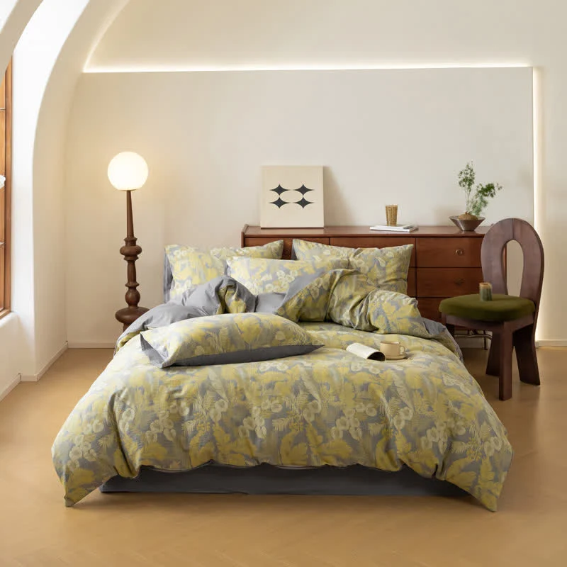 Set di biancheria da letto in puro cotone jacquard con motivi floreali retrò (4 pezzi)