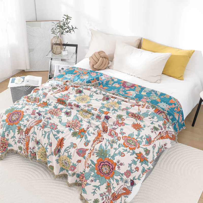 Trapunta in garza di cotone jacquard con motivo pastorale